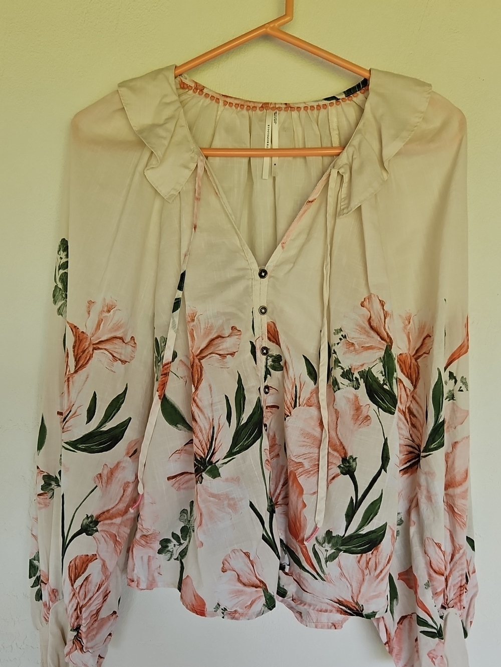 Anthropologie Floral Peasant Ruffle Button Tie Front Blouse Semi Sheer M